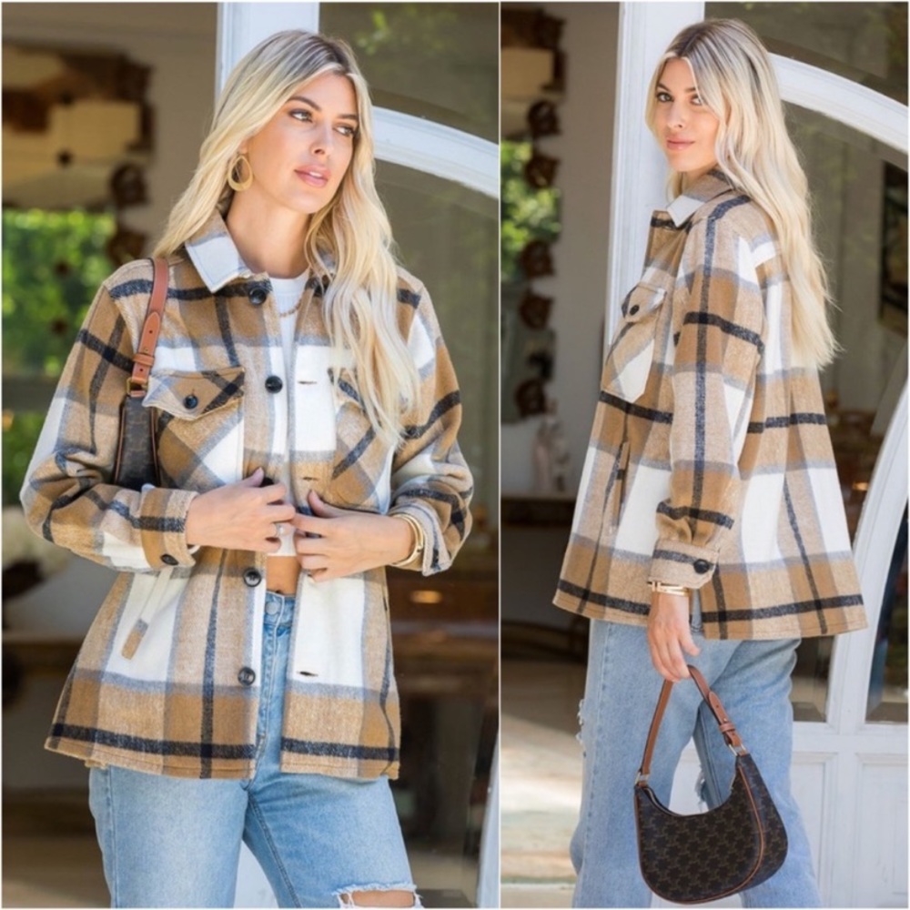 ‼️SOLD‼️New Women’s Taupe Plaid Thick Warm Comfortable Fall Shacket - Picture 1 of 3